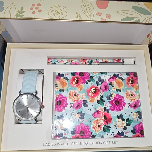 Watch Pen Notebook Gift Set Flowers Pretty Great Colors Leather Band Journal - Picture 2 of 9